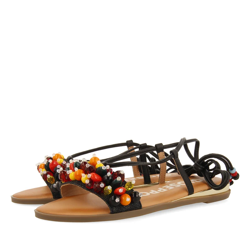 BLACK LEATHER SANDALS WITH MULTICOLOURED TRIM AND STRAPS FOR WOMEN KLOS