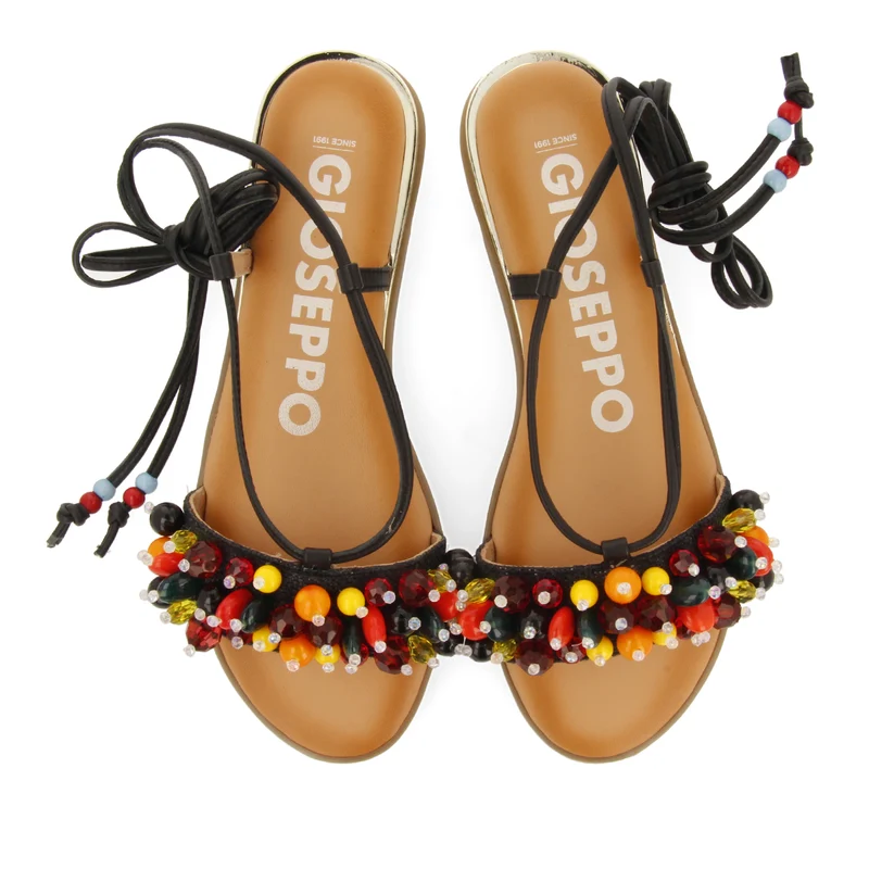 BLACK LEATHER SANDALS WITH MULTICOLOURED TRIM AND STRAPS FOR WOMEN KLOS