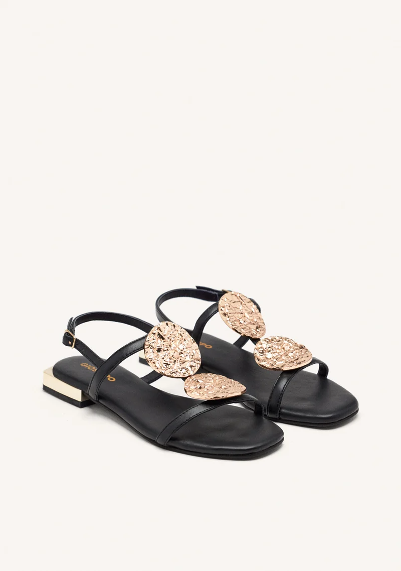 BLACK LEATHER SANDALS WITH METALLIC TRIM FOR WOMEN TROFA