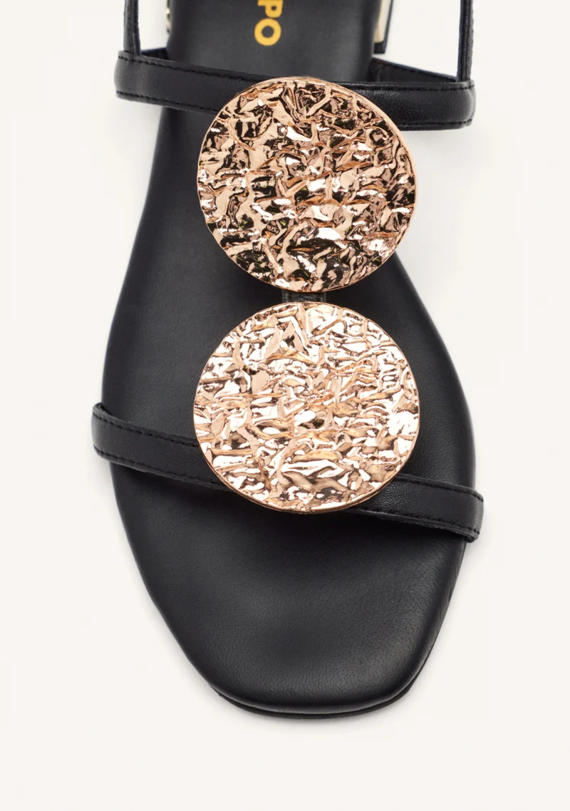 BLACK LEATHER SANDALS WITH METALLIC TRIM FOR WOMEN TROFA