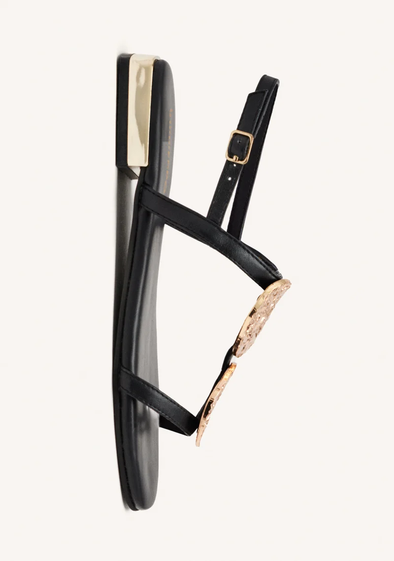 BLACK LEATHER SANDALS WITH METALLIC TRIM FOR WOMEN TROFA