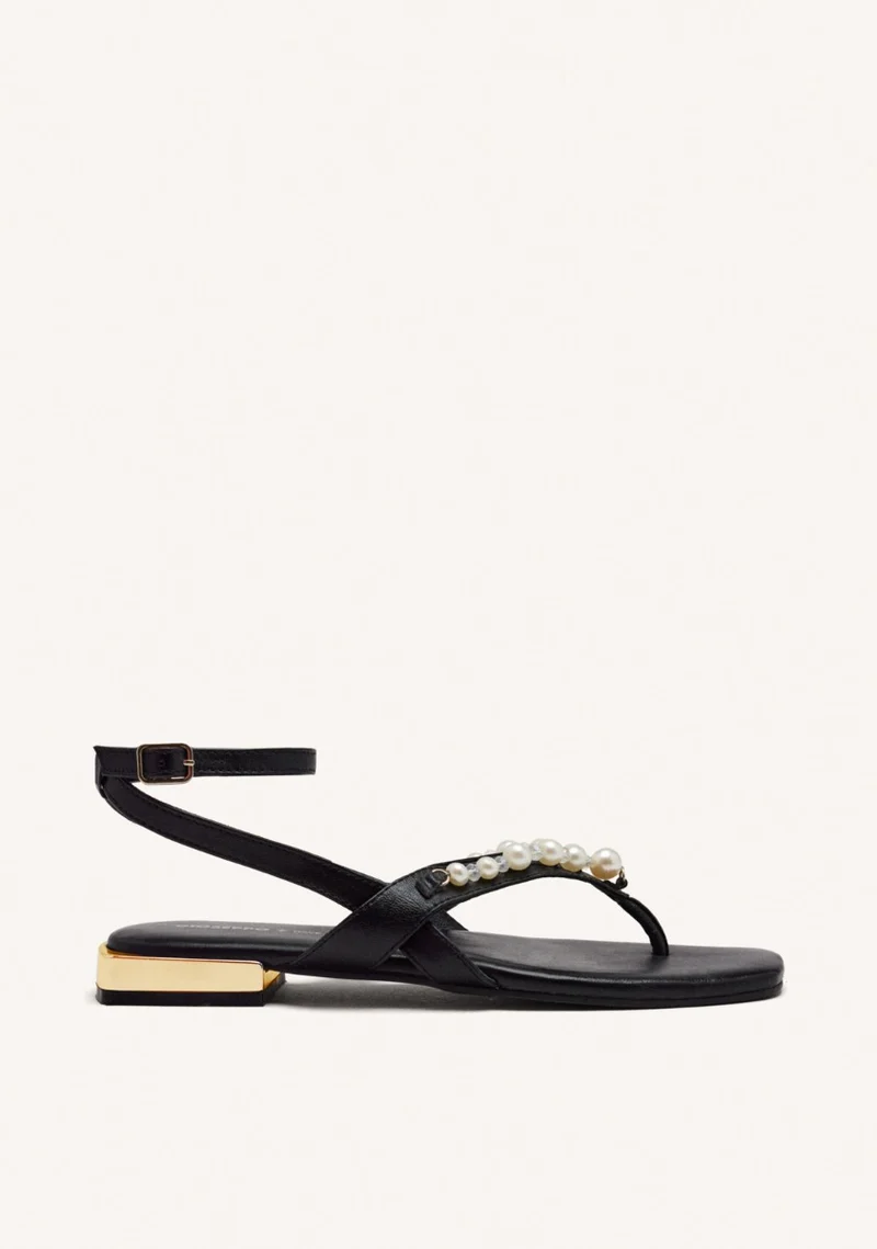BLACK LEATHER SANDALS WITH PEARLS FOR WOMEN SUMPTER
