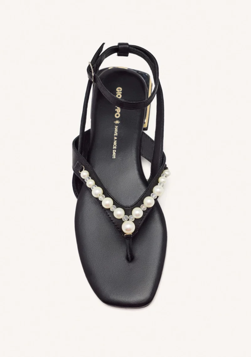 BLACK LEATHER SANDALS WITH PEARLS FOR WOMEN SUMPTER