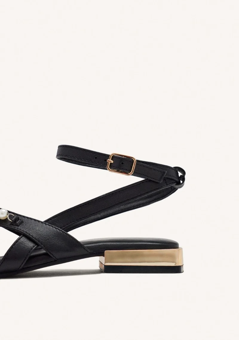 BLACK LEATHER SANDALS WITH PEARLS FOR WOMEN SUMPTER