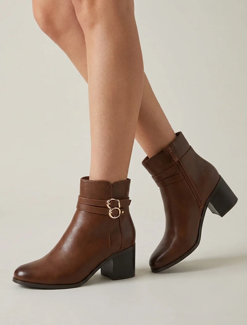 Bottines en simili à double boucles - Camel