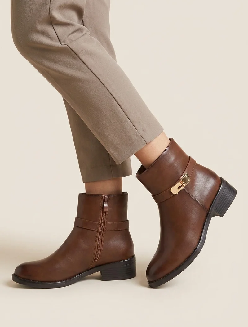 Bottines en simili à boucle décorative - Camel