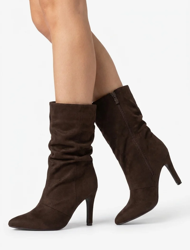 Bottines montantes en suédine effet froissé - Chocolat