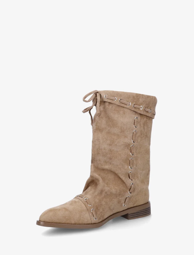 Bottines en suédine à cordons de serrage - Taupe