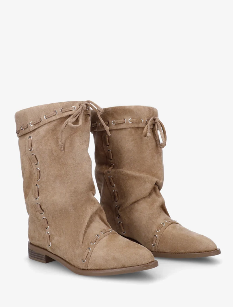Bottines en suédine à cordons de serrage - Taupe