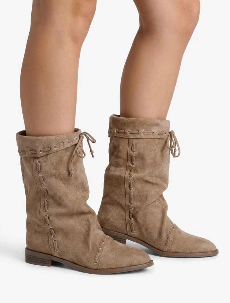 Bottines en suédine à cordons de serrage - Taupe