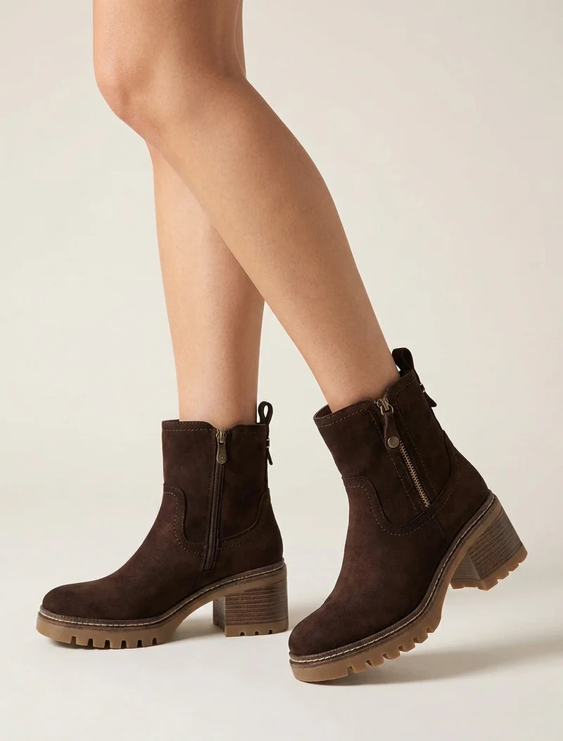 Bottines en suédine à zip décoratif - Marron