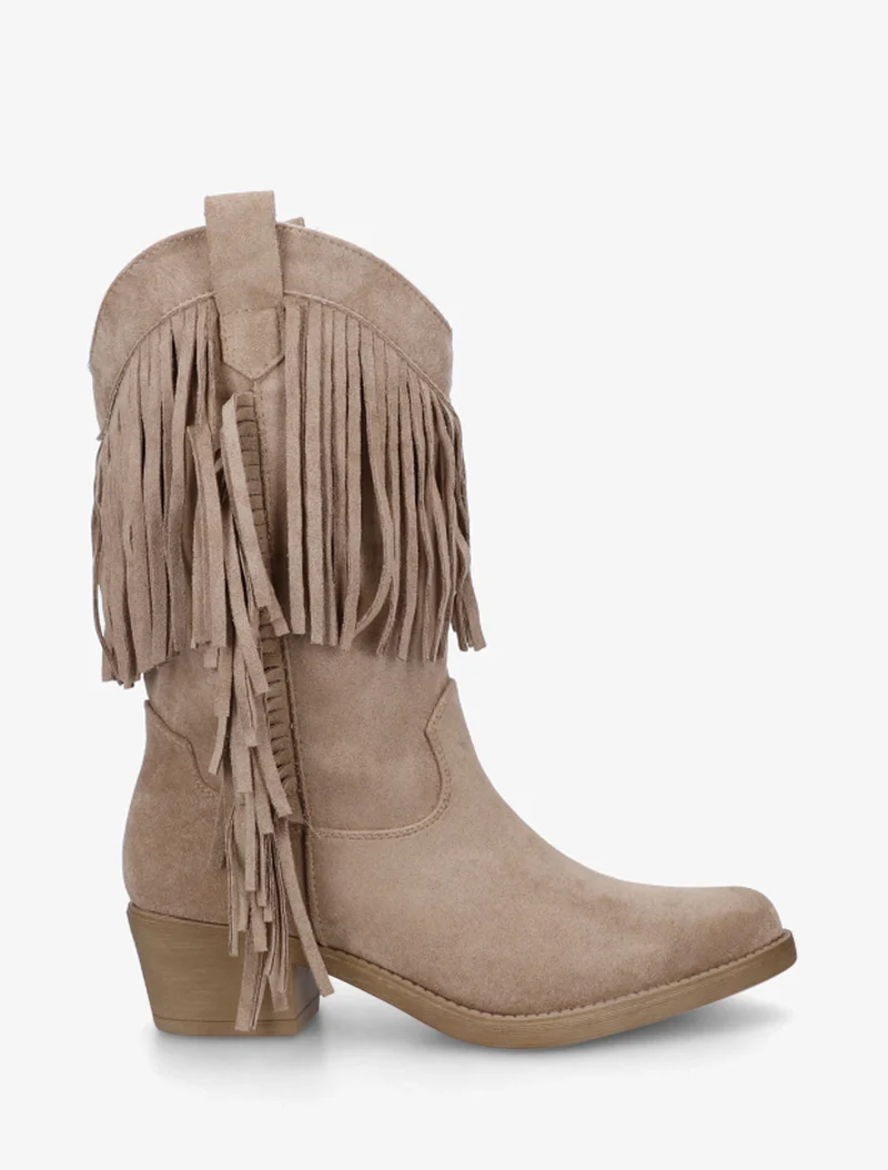 Bottines style santiags à franges - Taupe