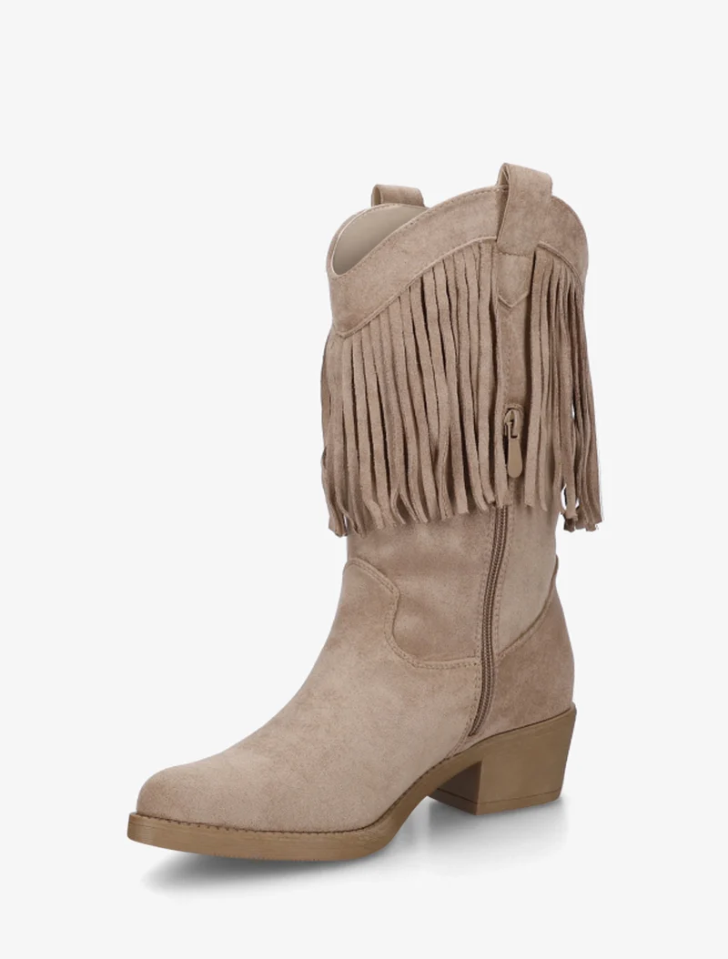 Bottines style santiags à franges - Taupe
