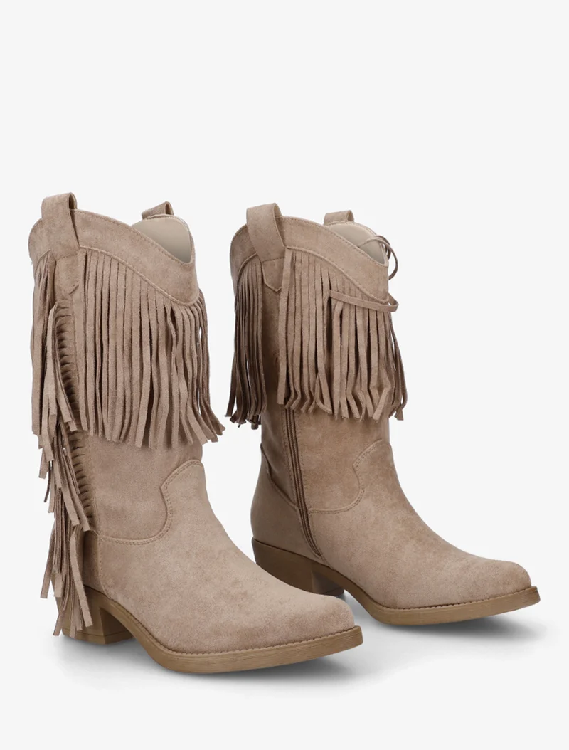 Bottines style santiags à franges - Taupe