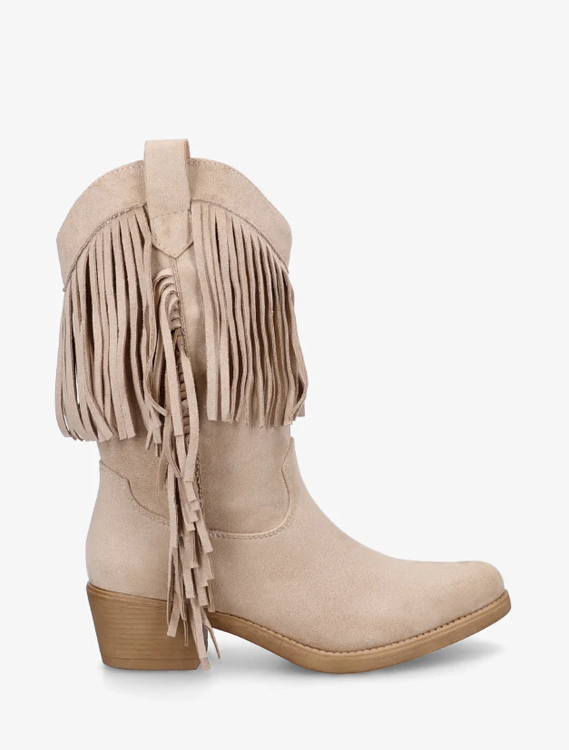 Bottines style santiags à franges - Beige