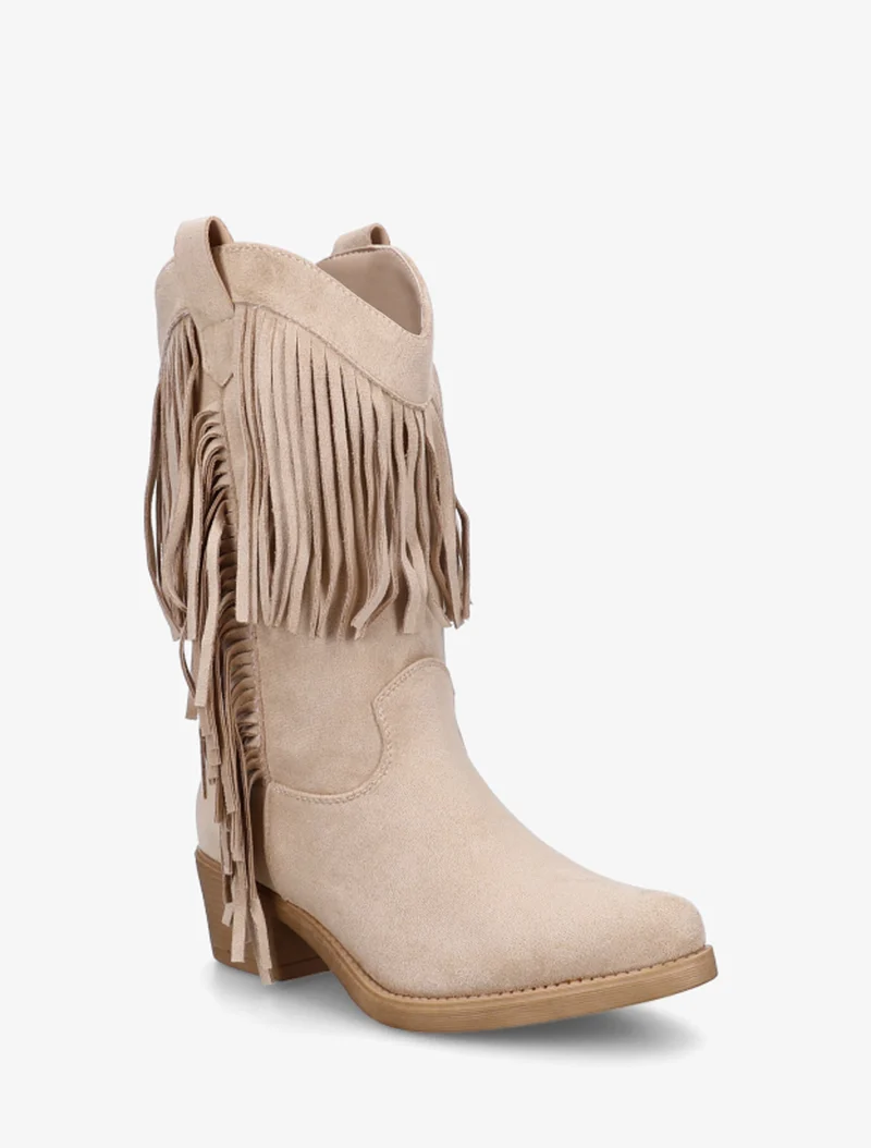 Bottines style santiags à franges - Beige