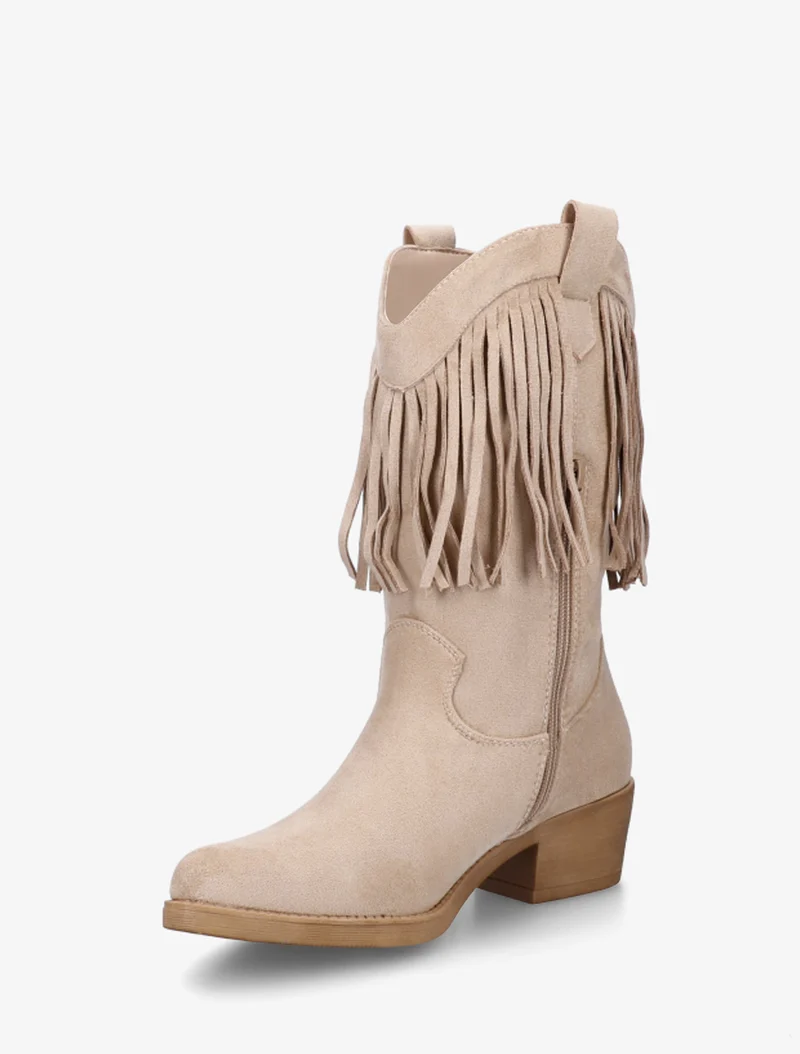 Bottines style santiags à franges - Beige