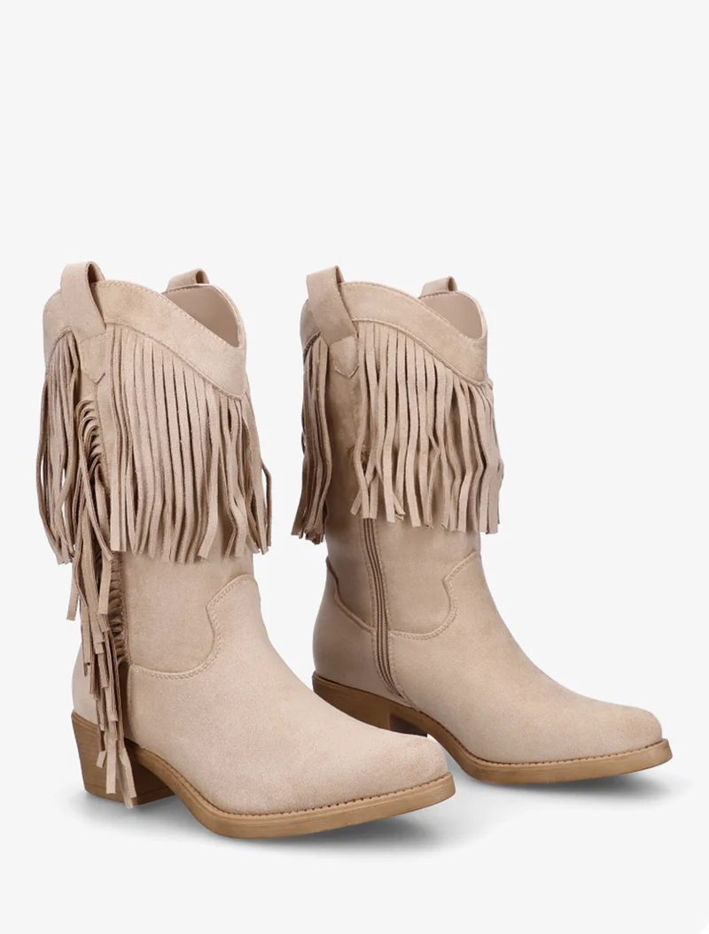 Bottines style santiags à franges - Beige