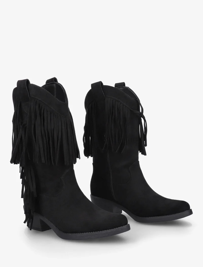 Bottines style santiags à franges - Noir