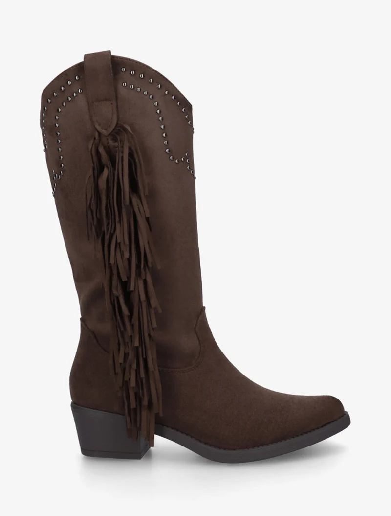 Bottines montantes en suédine à franges et clous - Marron