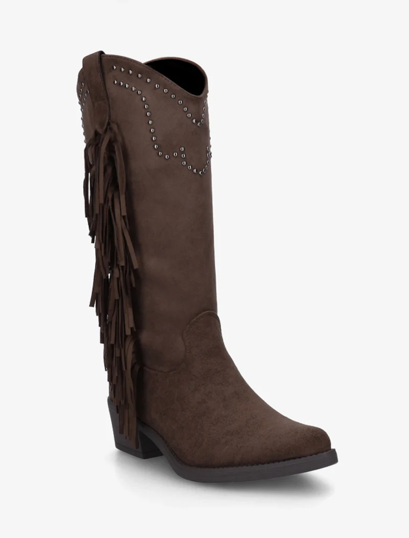 Bottines montantes en suédine à franges et clous - Marron
