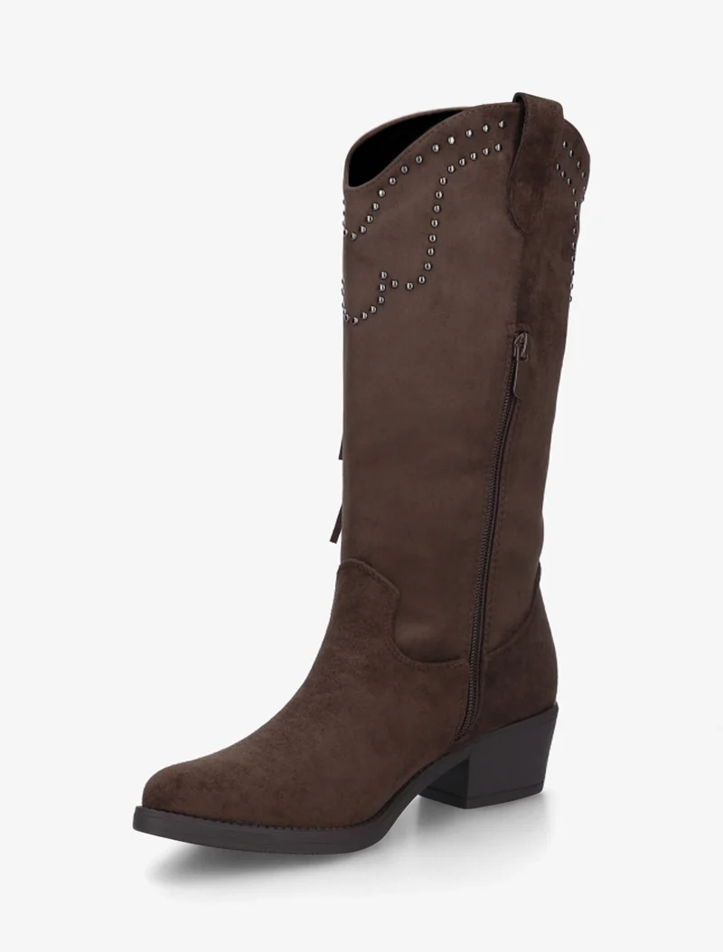 Bottines montantes en suédine à franges et clous - Marron