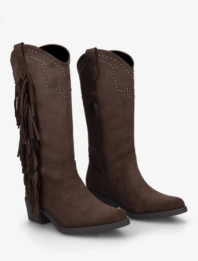 Bottines montantes en suédine à franges et clous - Marron