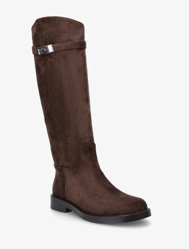 Bottes en suédine style cavalière à sangle - Marron