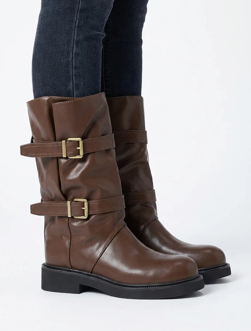 Bottines en simili à double sangles - Marron