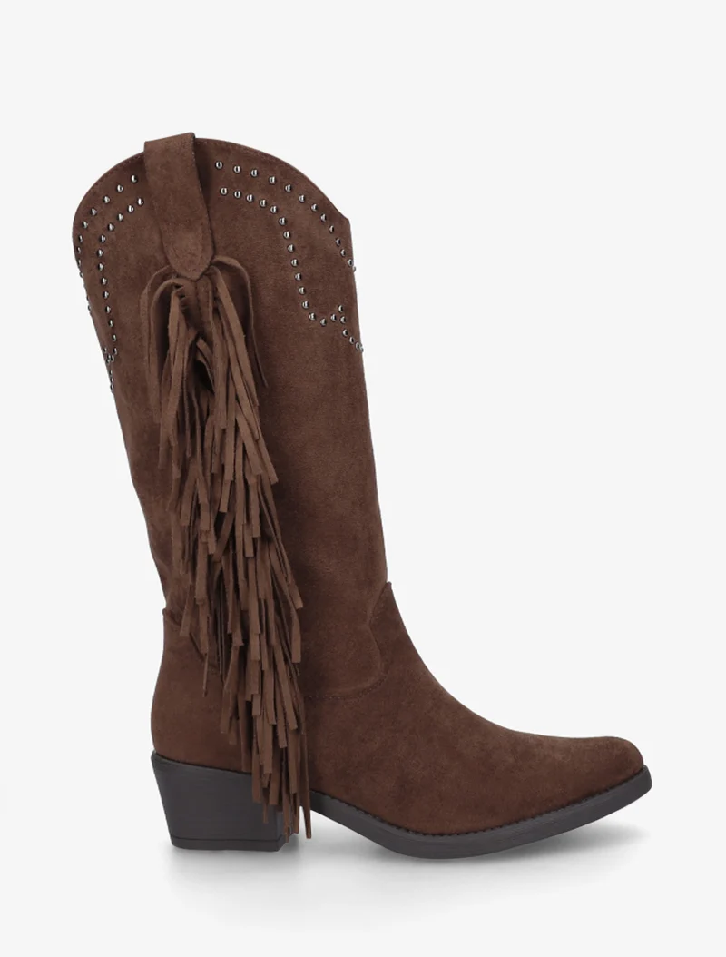 Bottines montantes en suédine à franges et clous - Marron clair