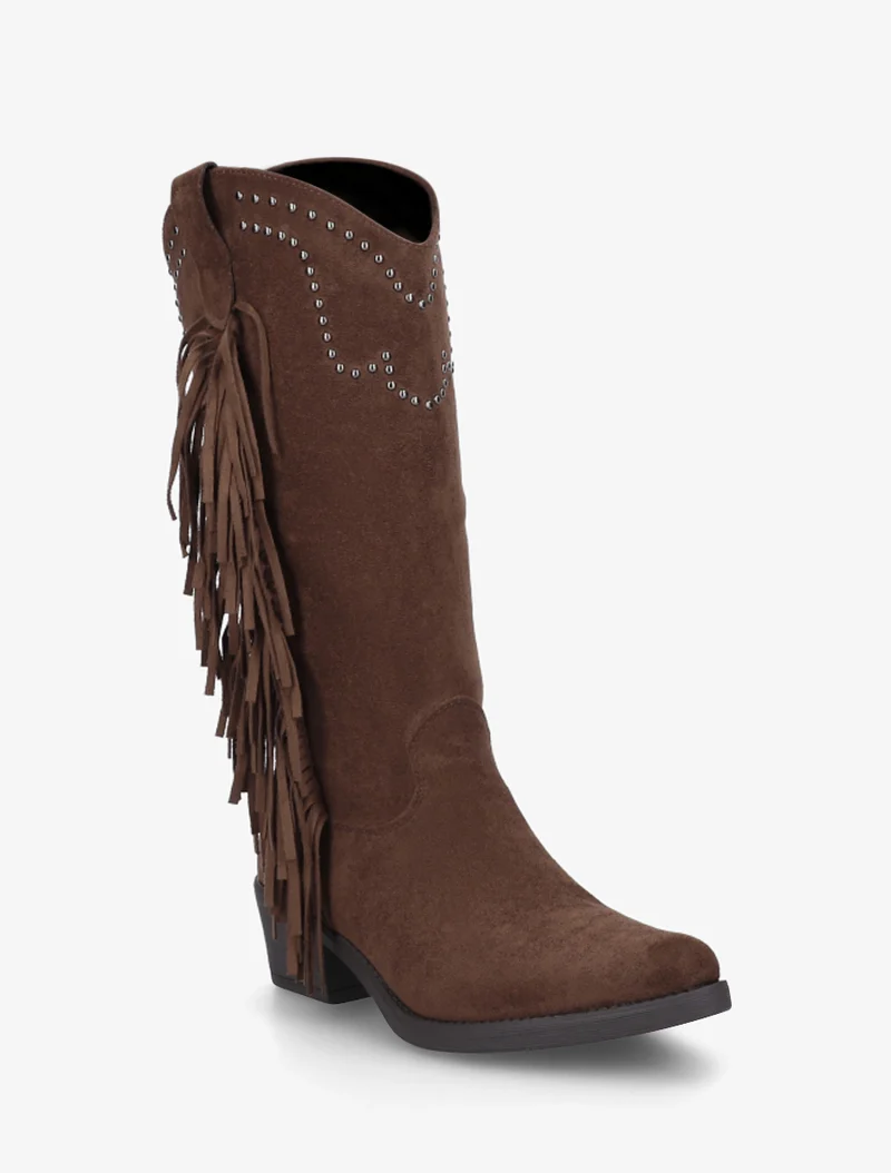 Bottines montantes en suédine à franges et clous - Marron clair