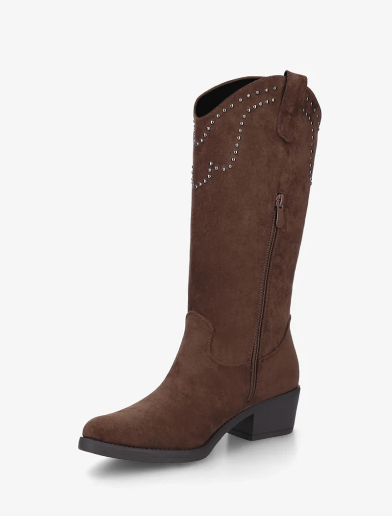 Bottines montantes en suédine à franges et clous - Marron clair