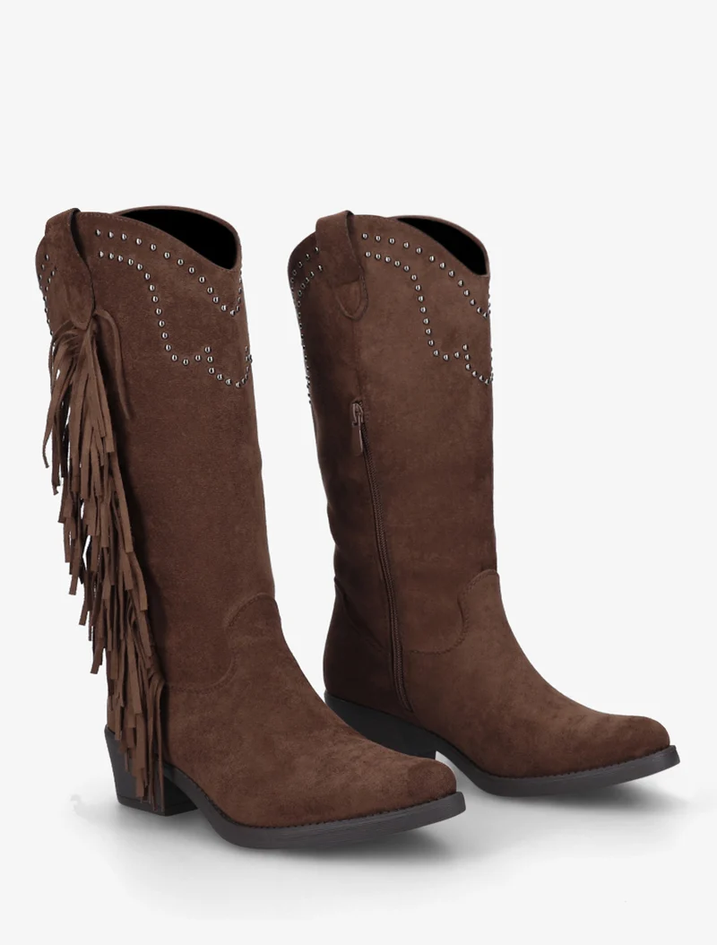 Bottines montantes en suédine à franges et clous - Marron clair