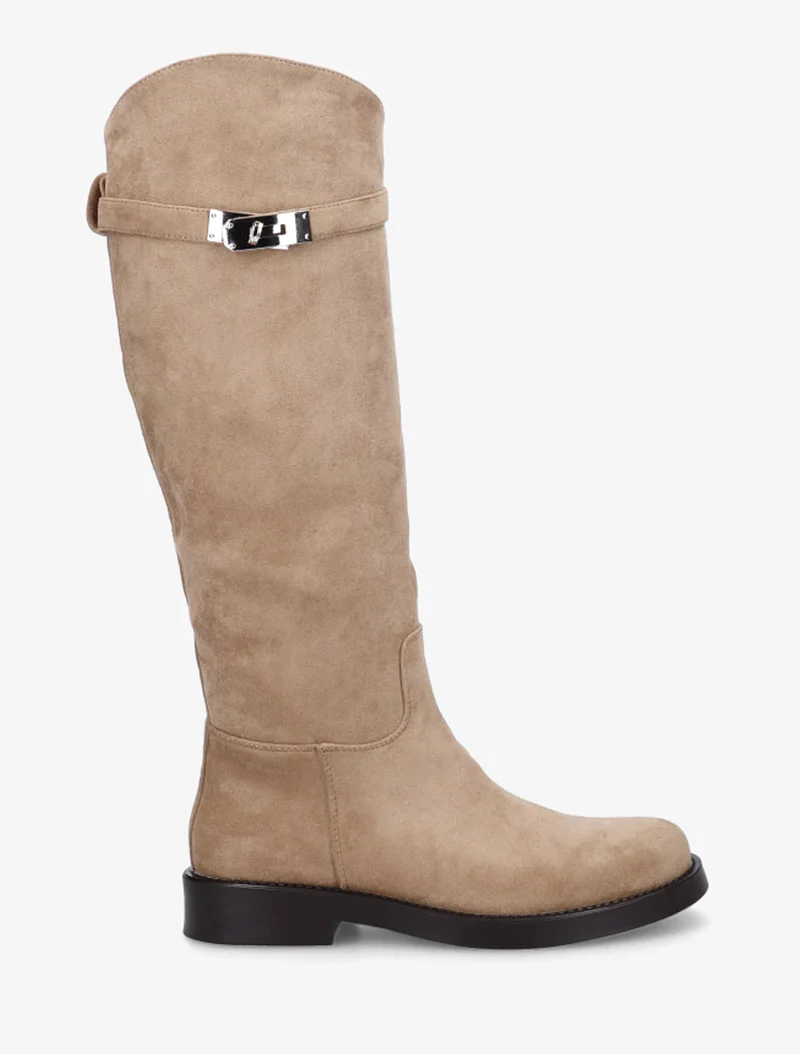 Bottes en suédine style cavalière à sangle - Taupe