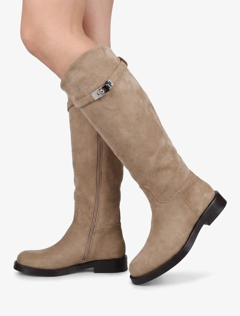 Bottes en suédine style cavalière à sangle - Taupe