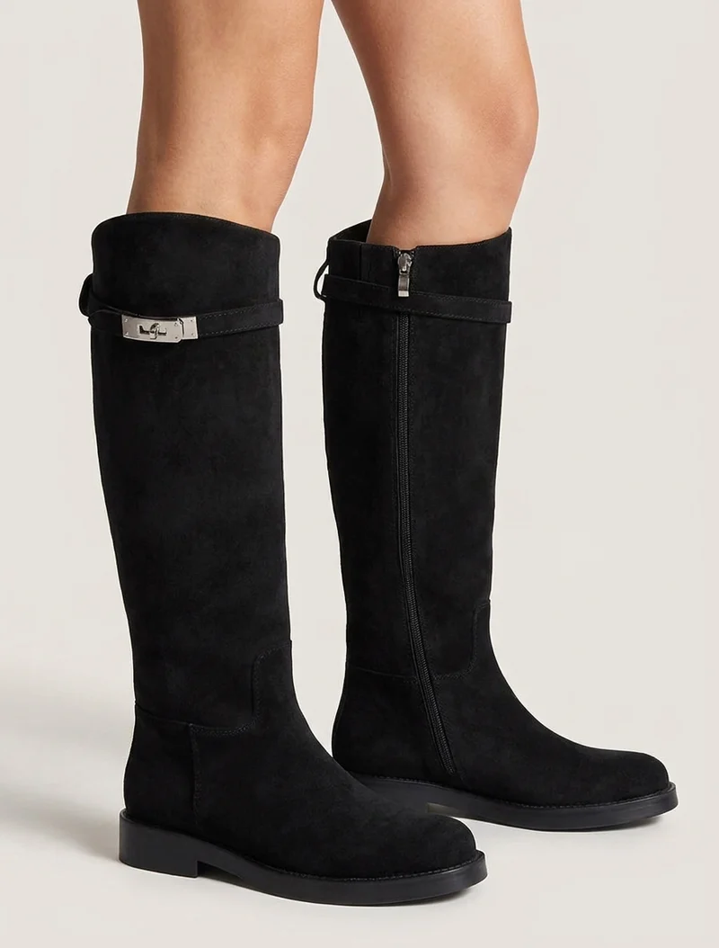 Bottes en suédine style cavalière à sangle - Noir