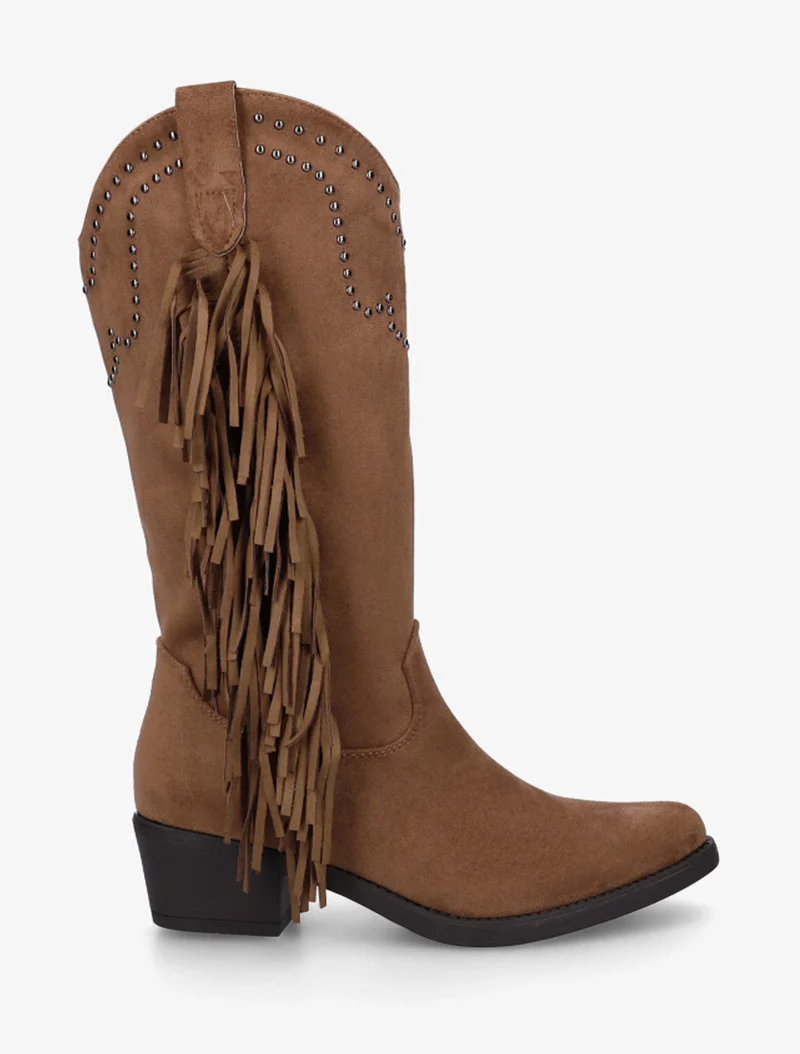 Bottines montantes en suédine à franges et clous - Camel