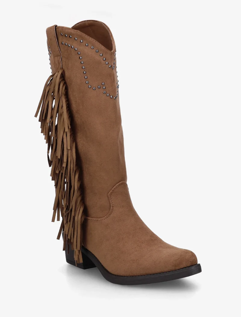 Bottines montantes en suédine à franges et clous - Camel