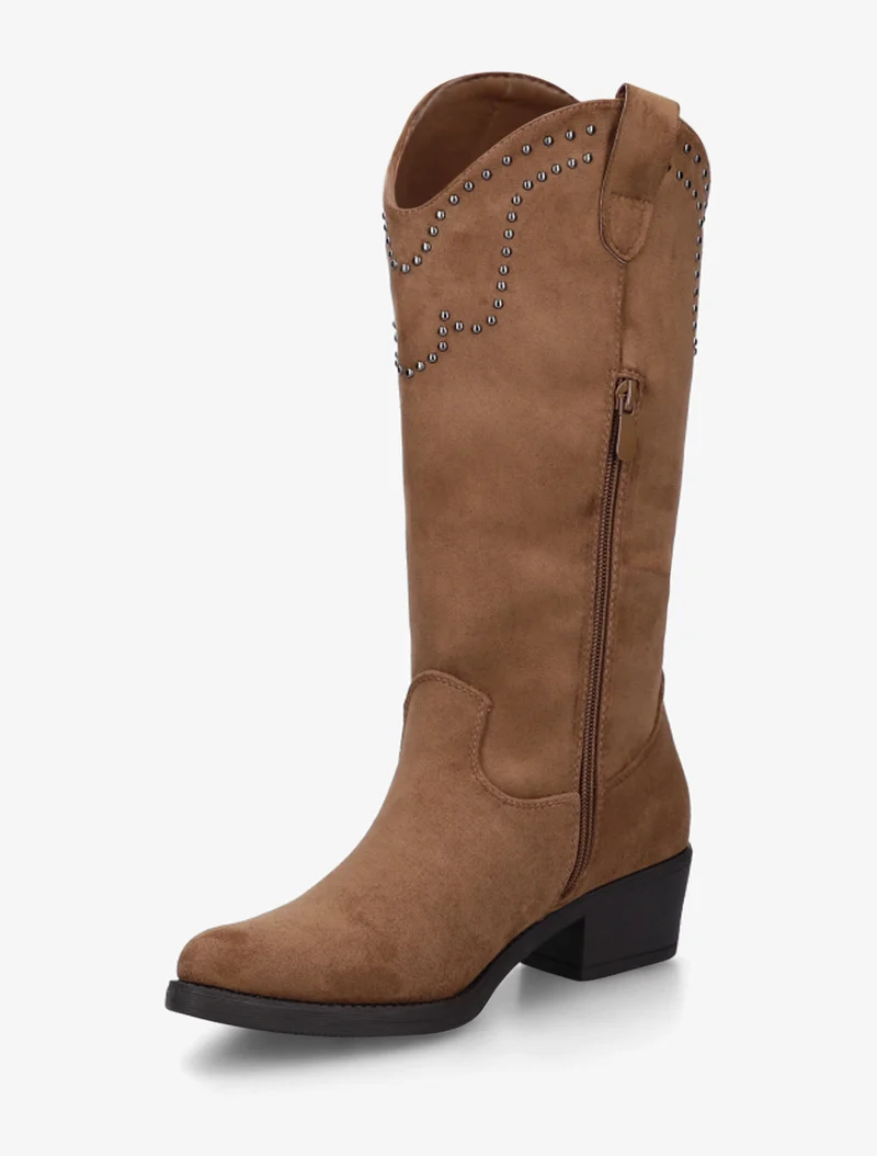 Bottines montantes en suédine à franges et clous - Camel