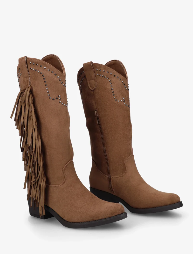 Bottines montantes en suédine à franges et clous - Camel