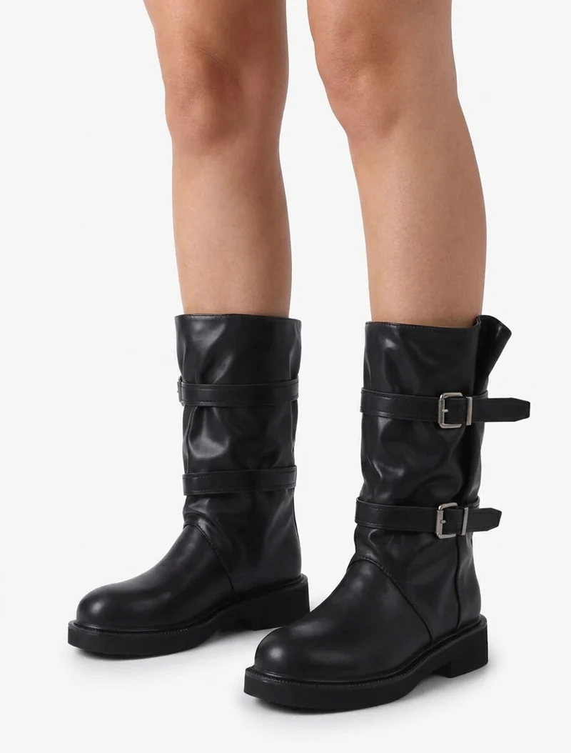 Bottines en simili à double sangles - Noir