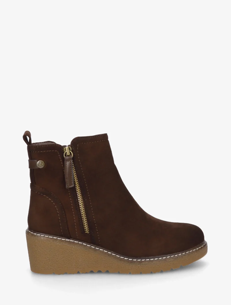 Bottines en suédine à talon semi-compensé et zip - Marron