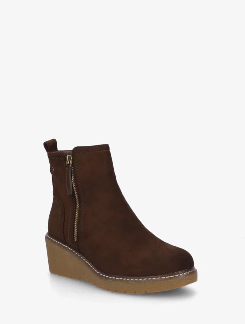 Bottines en suédine à talon semi-compensé et zip - Marron