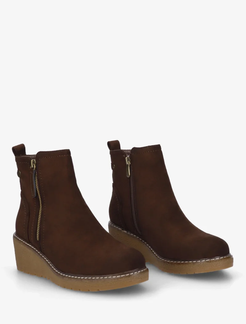 Bottines en suédine à talon semi-compensé et zip - Marron