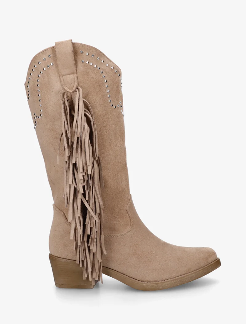 Bottines montantes en suédine à franges et clous - Taupe