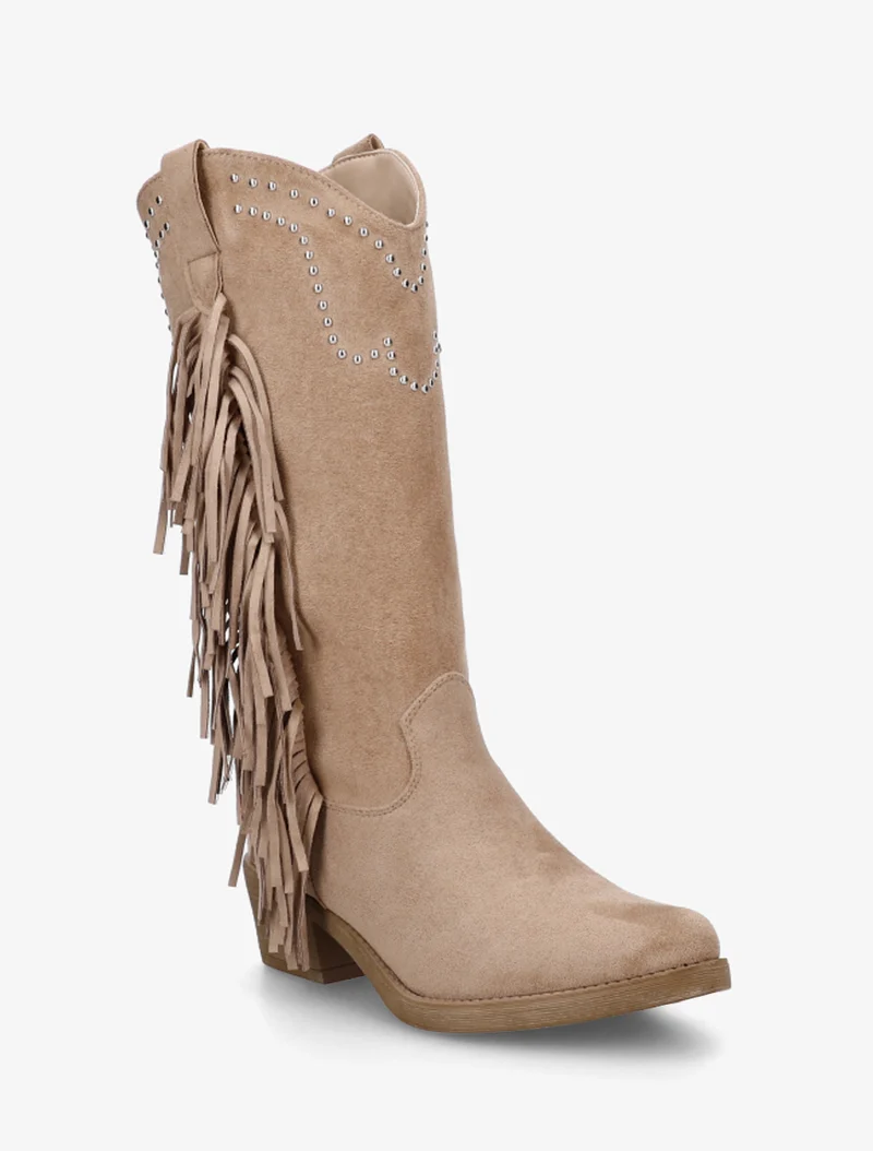 Bottines montantes en suédine à franges et clous - Taupe