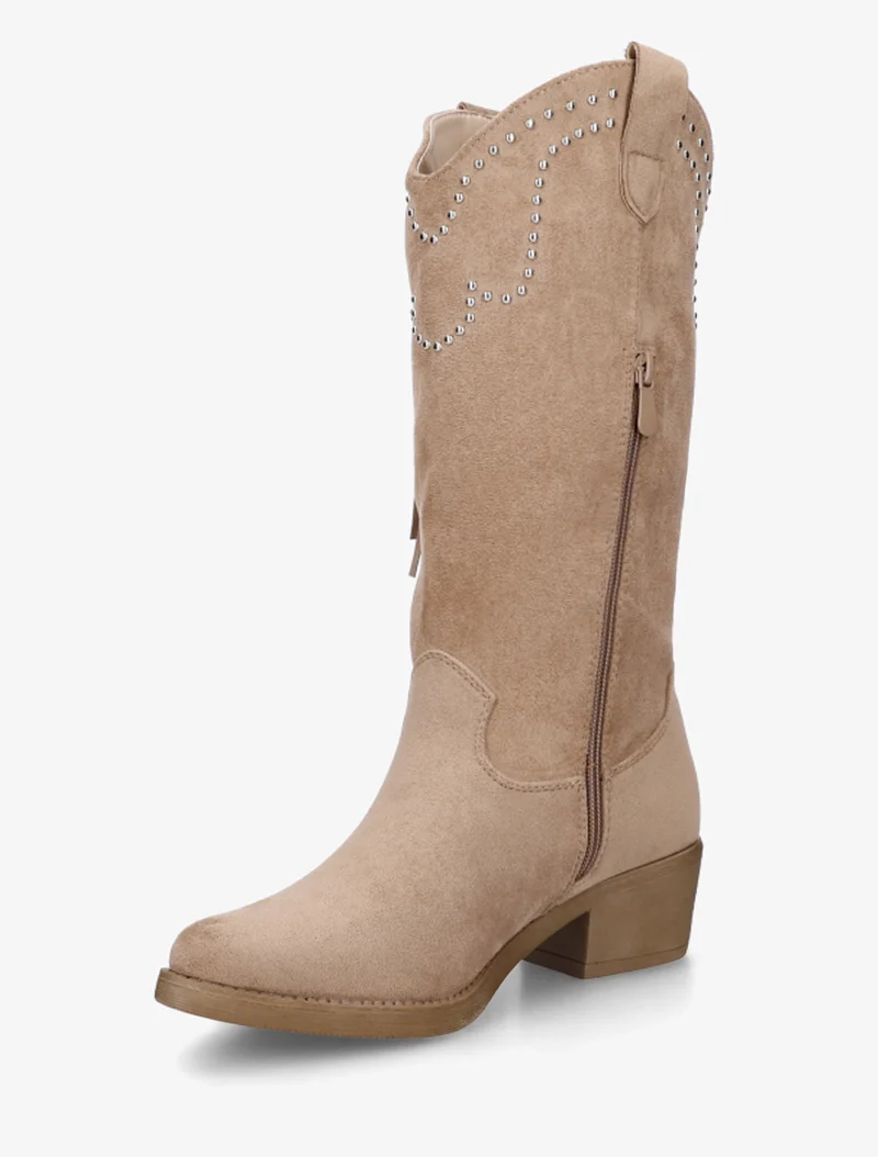 Bottines montantes en suédine à franges et clous - Taupe