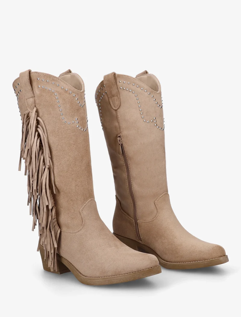 Bottines montantes en suédine à franges et clous - Taupe
