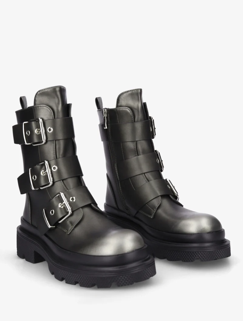 Bottines nacrées à sangles et semelles crantées - Gris