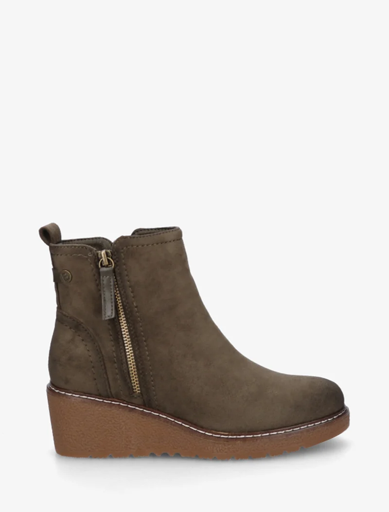 Bottines en suédine à talon semi-compensé et zip - Kaki